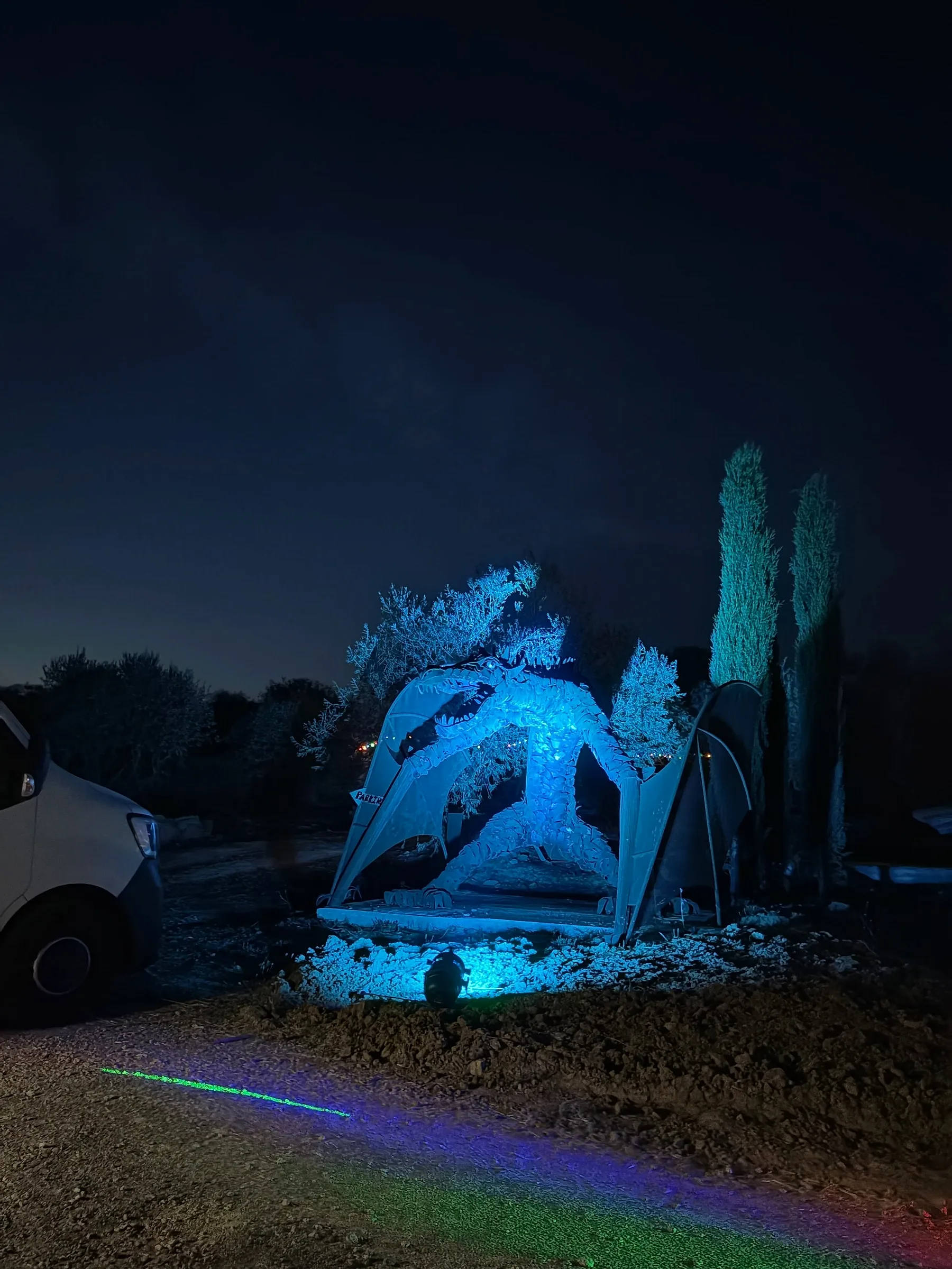 Clos Saint Conti · Sculpture dragon illuminee nuit